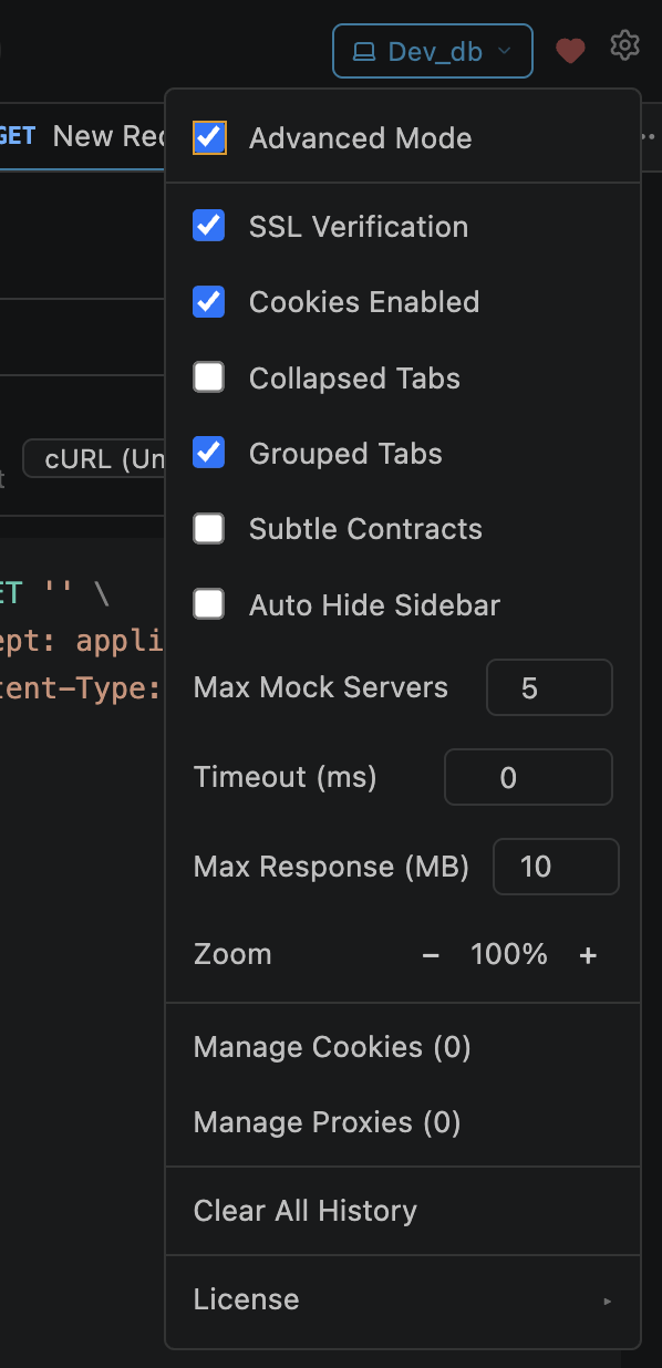 Settings popup with Advanced Mode enabled